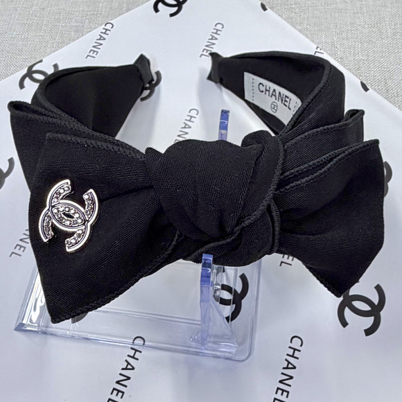CHANEL Accessories - Chanel Black Velvet Large BOW Headband Gold & Black Enamel Crystal Logo Glam